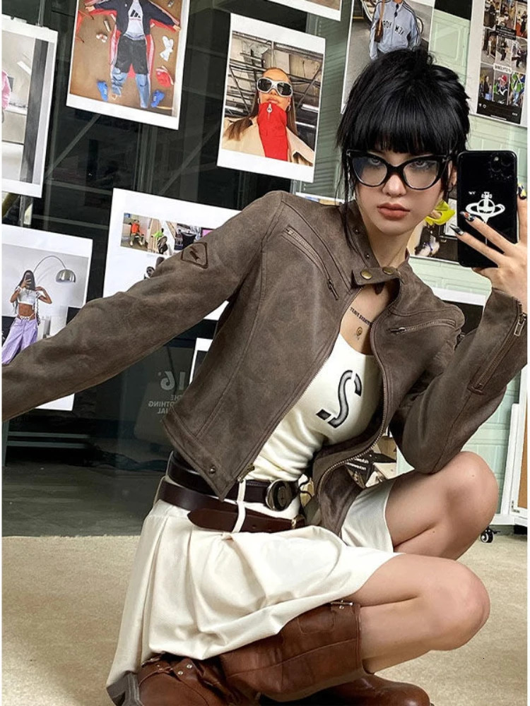 Deeptown Y2K 90s Vintage Leather Jackets for Women Punk Grunge Zipper Moto Biker Coats Harajuku Techwear Cropped Outwear Hip Hop 240717