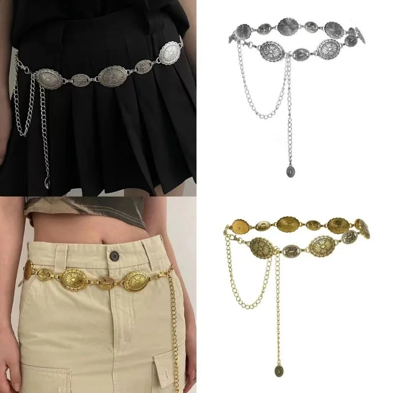 Bohemian Ethnic Style Concho Chain Belt Metal Waist Chain Metal Link Western Cowgirl Turquoise Chain Belt for Dress Shirts 240713