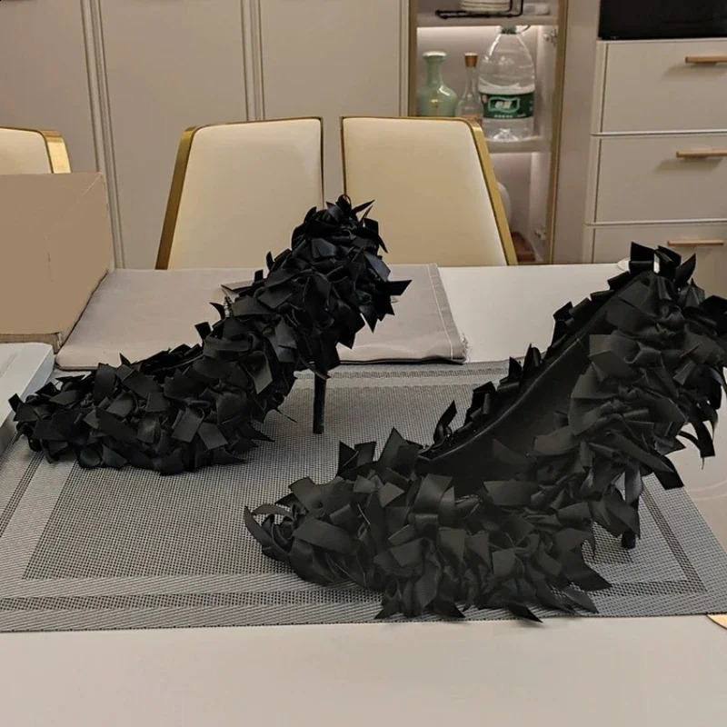 European and American runway style pleated lace high heeled single shoes womens pointed thin heels sexy French 240718