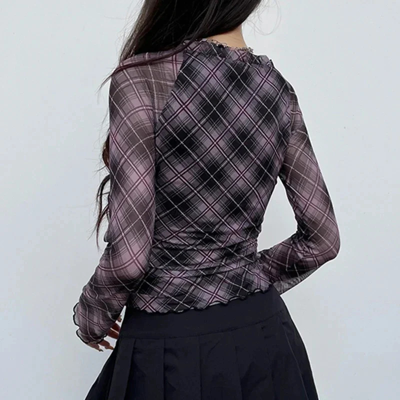 Pink Stripe Plaid Mesh Y2K T-Shirts Women Frills Trim V Neck Bow Japanese Kawaii 2000s Clothes Slim Long Sleeve Tees 240717