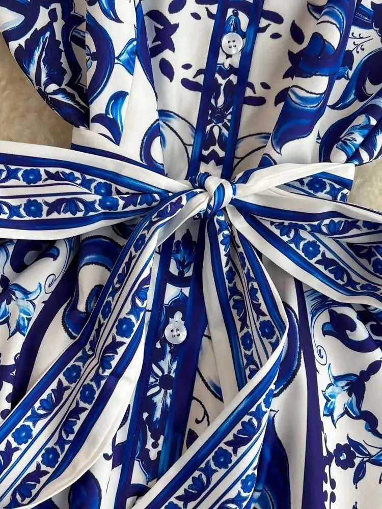 Summer Holiday Blue And White Porcelain Midi Shirt Dress Women Short Sleeve Single Breasted Lace Up Clothes Female Vestidos 240819