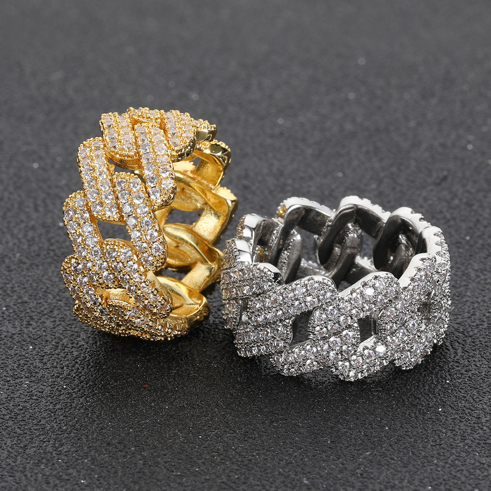 Hip Hop 11mm Rhombus Cuban Chain Rings 18K Real Gold Plated Mens Rap Jewelry