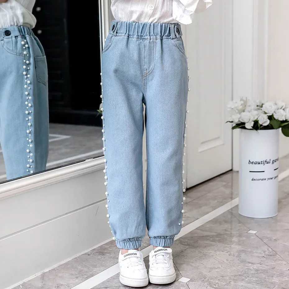 Jeans Jeans Girl Pearls Kids Jeans Girls Casual Style Kid Jeans Spring Autumn Childrens Clothes For Girls Denim Pants 6 8 10 12 Years