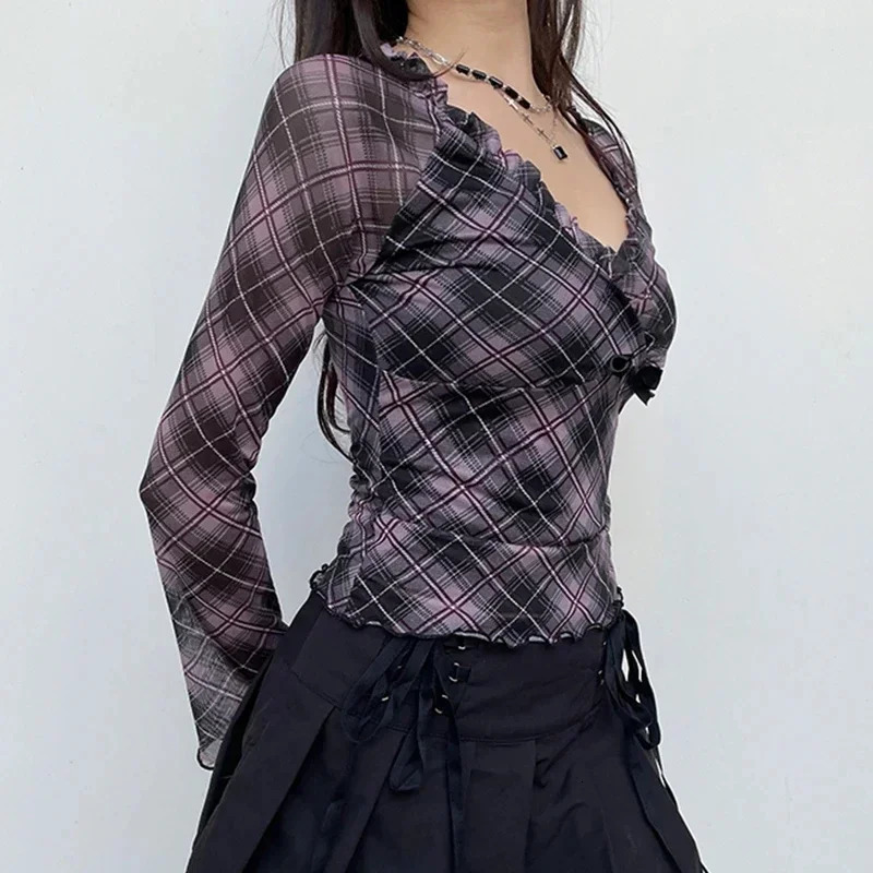Pink Stripe Plaid Mesh Y2K T-Shirts Women Frills Trim V Neck Bow Japanese Kawaii 2000s Clothes Slim Long Sleeve Tees 240717