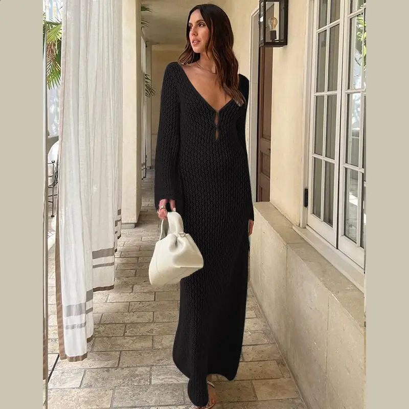 Women See Through Knitted Beach Dresses Summer Autumn Vneck Long Sleeve Elegant Dress Hollow Out Bikinis Cover Up Robe 240712