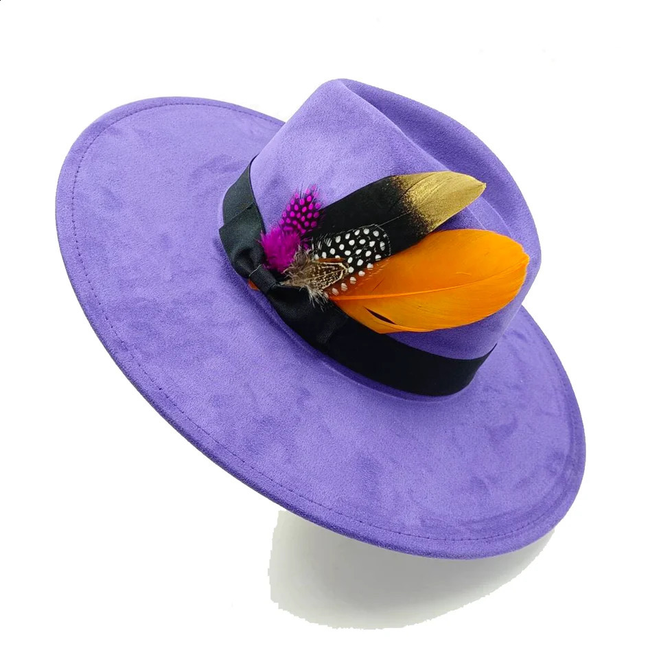 Suede fedora hat heart top 9.5cm brim feather accessories wide brim jazz hat men and women panama hat sombrero mujer gorras 240717