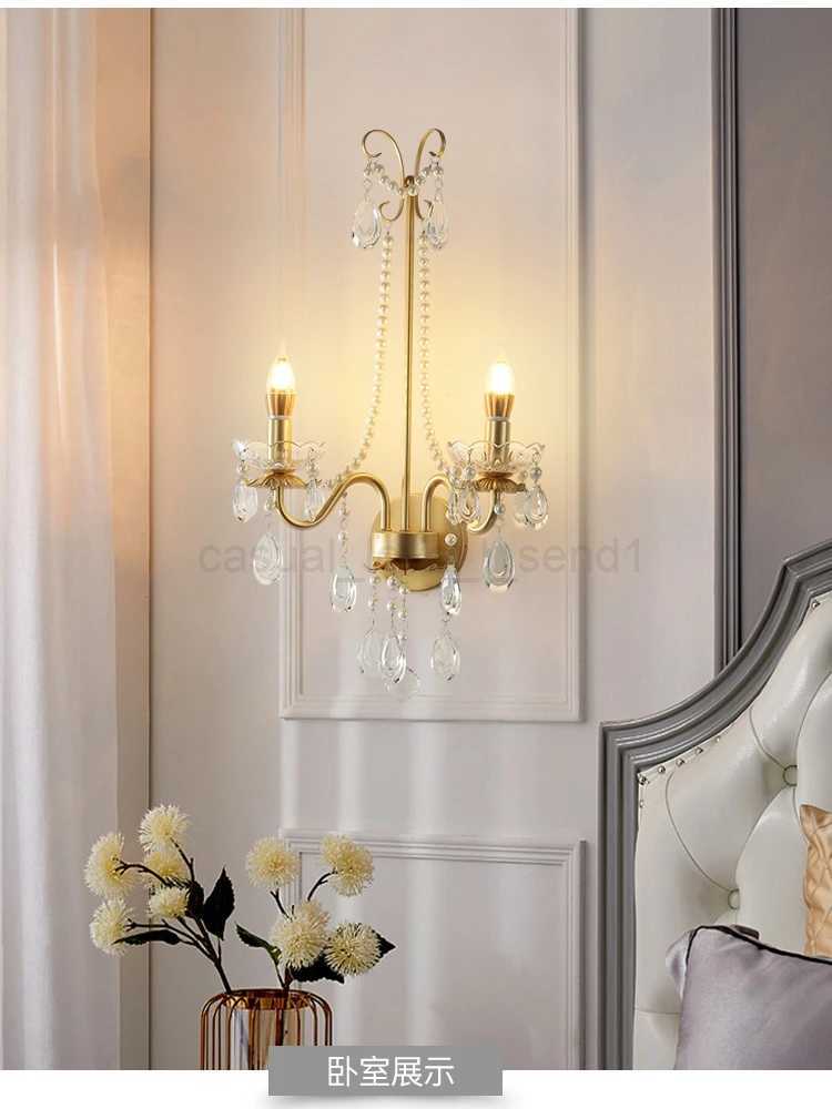 Noridc Living Room Wall Lamp Light Luxury Gold Wall Sconce Aluminum TV Backdrop Double Wall Lights European Crystal Decor LEDCL240722