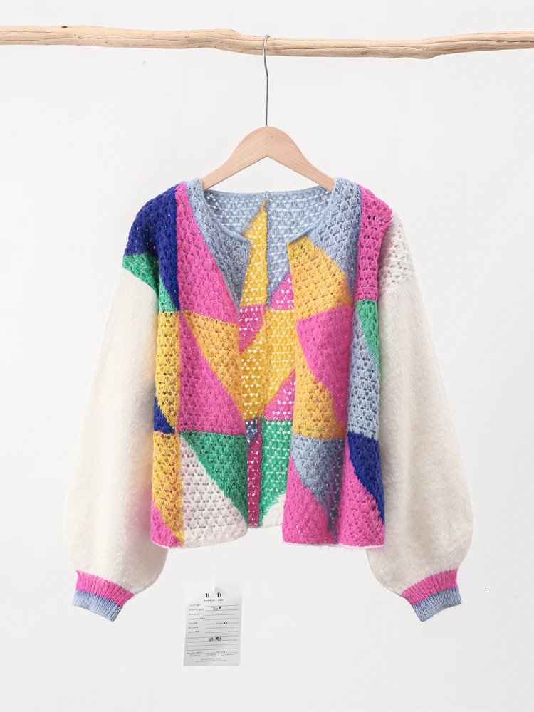 Sleeve Patchwork Female Sweaters Elegant Casual Lady Top Hollow Out Colorful Kint Cardigan Women Sweater Autumn Long Puff 240717