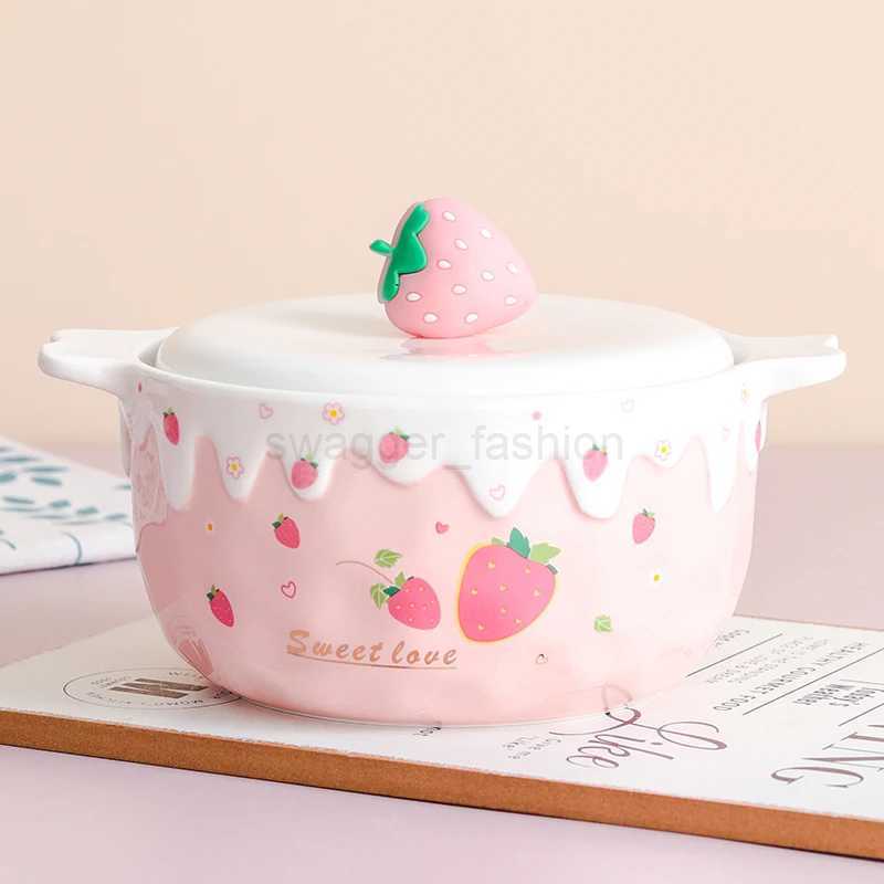 Cute Strawberry Ramen Bowl With Lid Ceramics Cute Large Fruit Instant Noodles Salad Soup Bowl Home Kitchen Tableware 700mlB270723