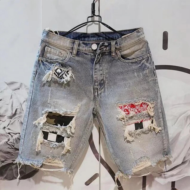 Summer Men Hole Denim Short Pants Fashion Beggar Scraped Five-piece Jeans Shorts 240722