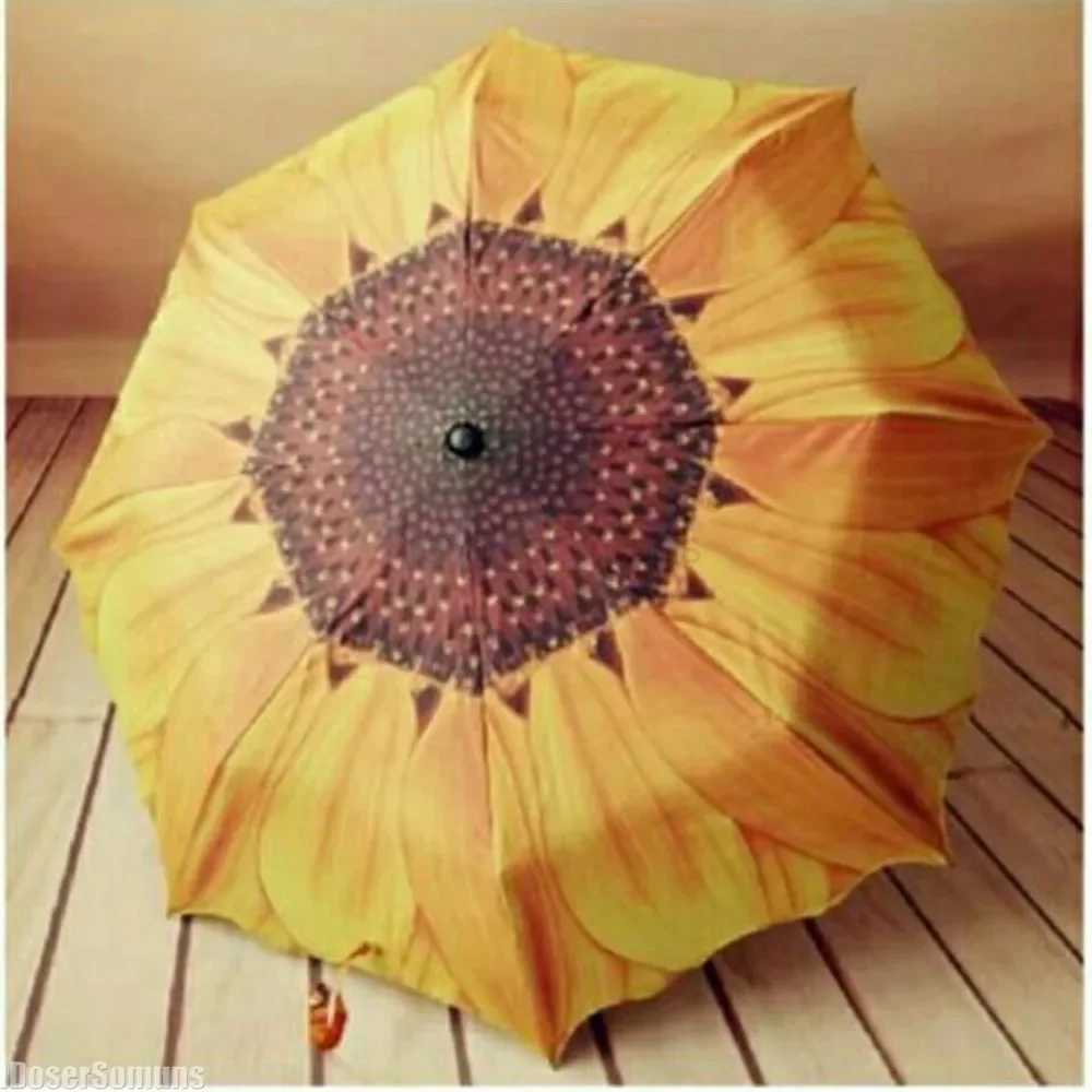 Folding 8 Bones Creative Yellow Sunflower Flower Sunny and Rainy Umbrellas UV Protection Beach Funny Umbrella Parasol Gifts M240722