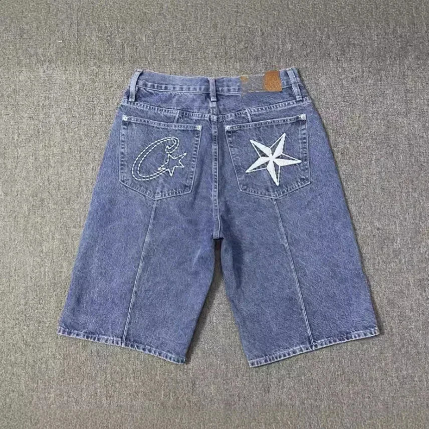 Star Embroidered Jeans Mens Street Dance Patch Work Washing Harajuku Retro Fashion Shorts Casual Sports Pants 240722