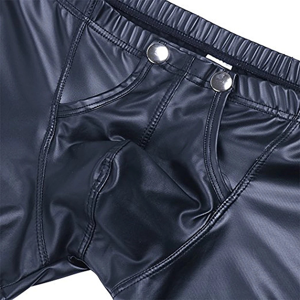Sexy Men Boxers Open Crotch Faux Leather Lingerie Stage U Convex Pouch Black Patent Shorts Gay Mens Underwear 240711
