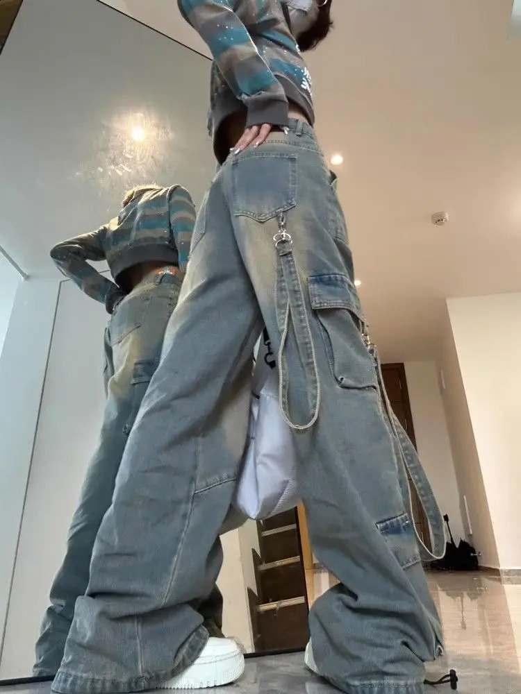 American hip-hop personalized retro washed workwear jeans for men and women loose straight leg wide leg retro casual pants y2k 240722