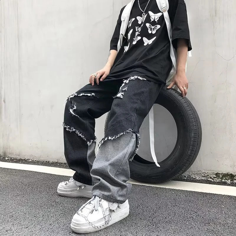 Tassel Pants Mens Wide Leg Hip Hop Lazy Wind Jeans Couples Pants Loose Jeans Men streetwear y2k pants cargo jeans Mens clothe 240722