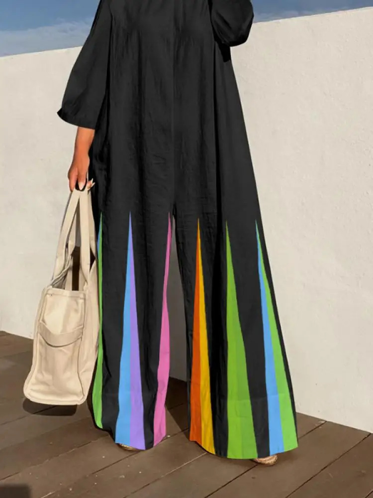 Yeezzi Female Fashion Colorful Striped Wide Leg Jumpsuits 2024 Spring Long Sleeves Round-Neck Zipper Jump Suits For Women 240715