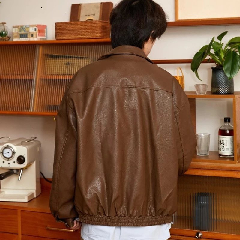 Japanese Mens Leather Jacket Harajuku Retro Motorcycle Loose Couple Coat Big Pocket Lapel Bomber Outwear Y2k Trend 240716