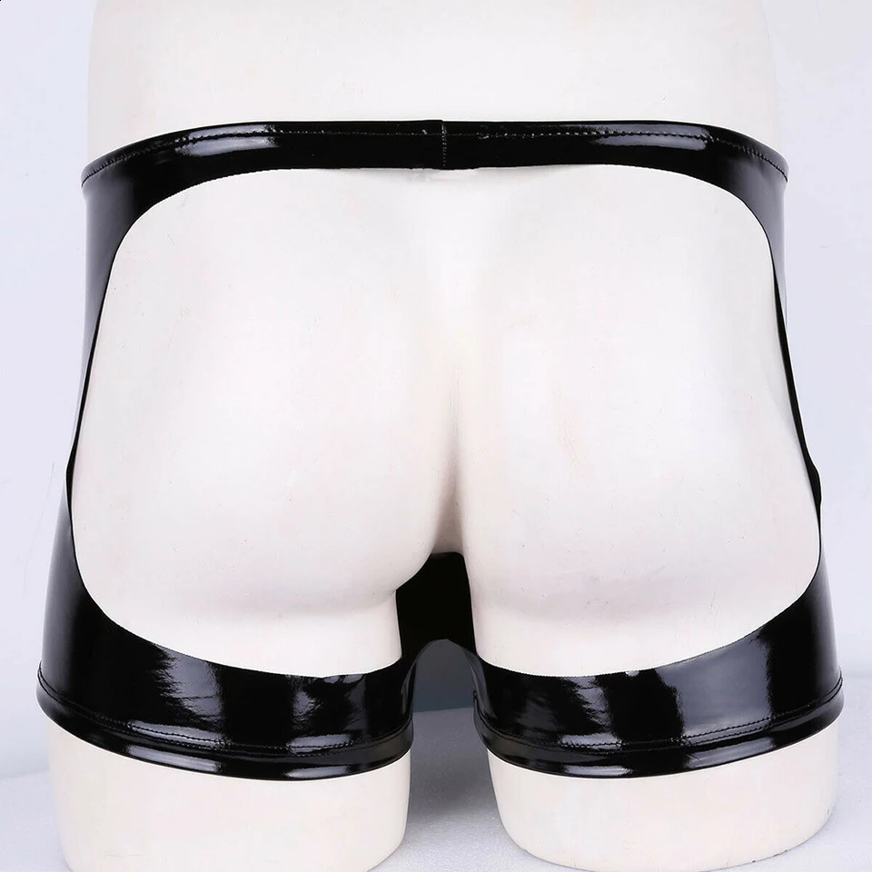 Open Butt Club Panites Man Faxu Leather Hollow Out Boxer Trunks Sexy Zip Pouch Underpants Eortic Lingerie Gay Men PVC Shorts 240711