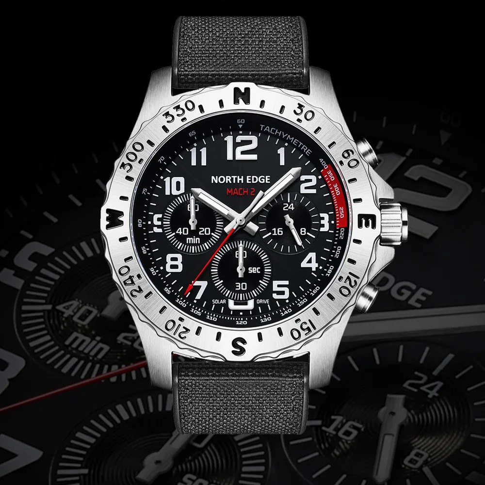 NORTH EDGE MACH2 Solar Watches for Men Luminous Chronography Waterproof 50M Quartz Mens Watch Pilot Relogio Masculino 240716