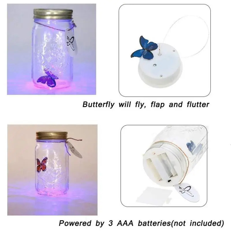 Unique Magic Flying Butterfly Jar LED Lamp Glass Mason Jar Simulation Animated Butterfly Fly Insect Collecting Bottle Home Decor 240719