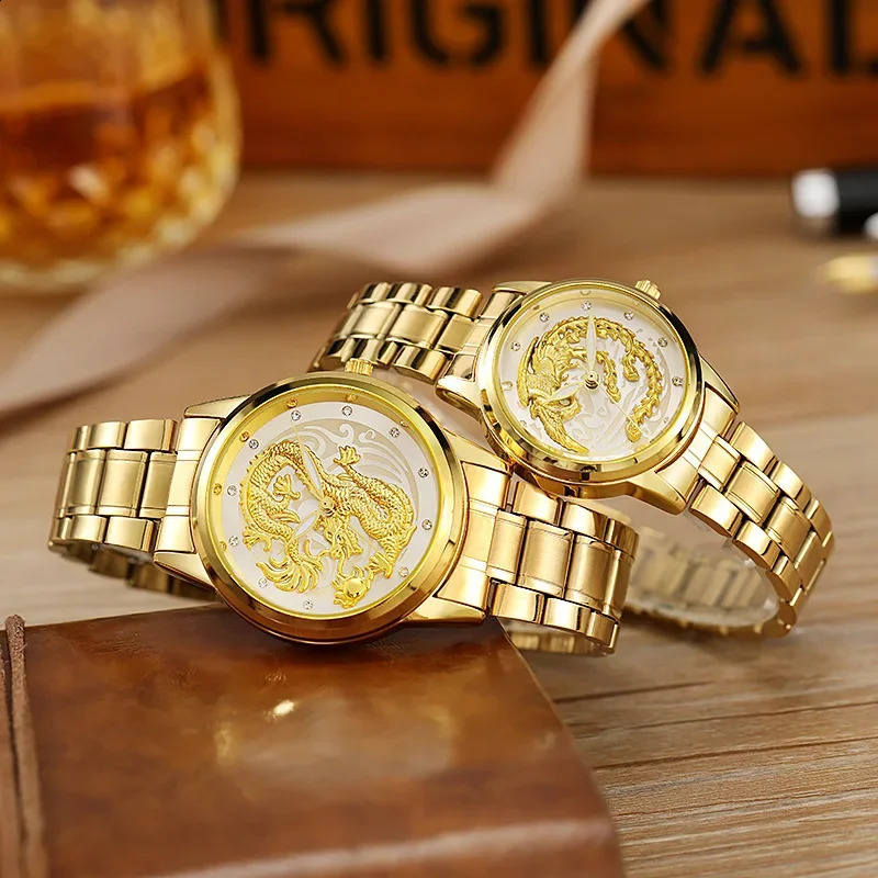 Emperors Thoughts Relief Dragon Mens Watch Waterproof Nonmechanical Phoenix Together Fashionable Wristwatch 240716