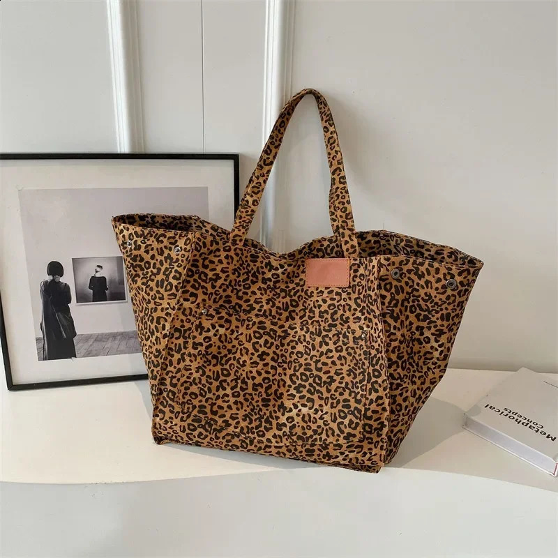 Oversized Leopard Prints Shoulder Bags for Women Deformable Canvas Large Capacity Shopping 2024 Winter Handbags 240925