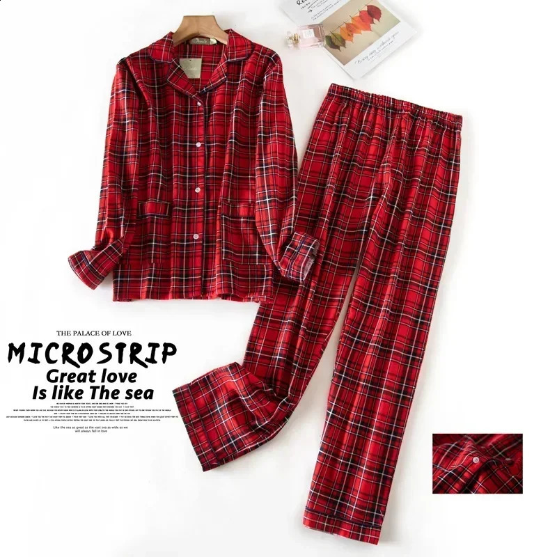 Womens Pajamas Plus Size SXXXL Clothes Ladies Flannel Cotton Home Wear Suit Autumn Winter Plaid Print Sleep Tops 240712