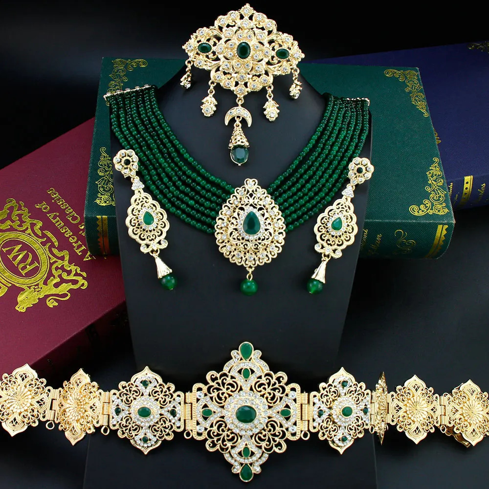 Sunspicems Moroccan Bride Jewelry Set suitable for women Caftan belt beading necklace pendant Brooch long earrings 240710