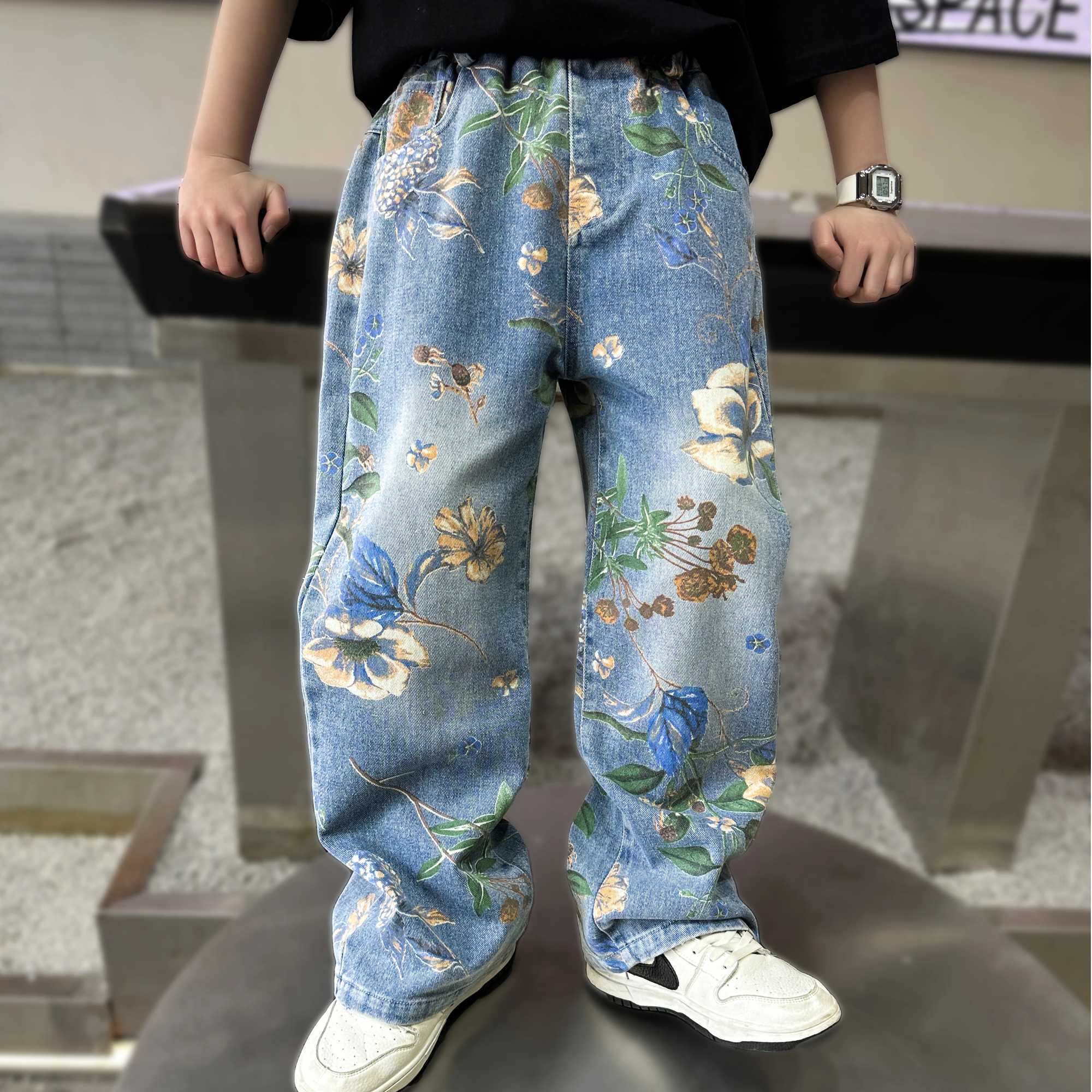 Jeans Boys Jeans Floral Pattern Kids Boy Jeans Spring Autumn Kid Jeans Casual Style Childrens Clothing 6 8 10 12 14
