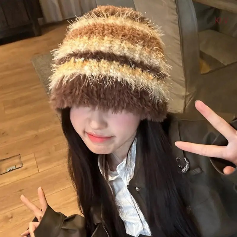 Crochet Striped Fisherman Hat Winter Fisherman Hat Crochet Skiing Beanie Hat for Adult Teens Windproof Commute Hat 240715