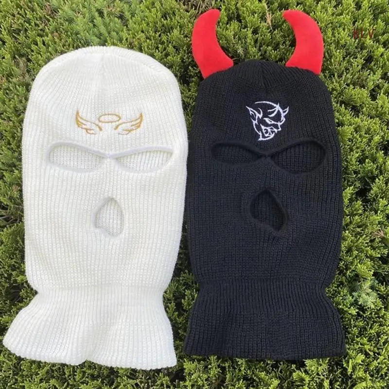 White/ Black Color Handmade Ox Horn Hat Soft Winter Warmer Knitted Hat Cold Halloween Presents for Students Teenagers 240715
