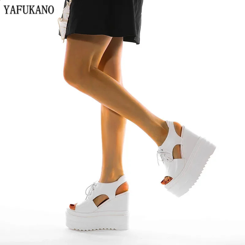 14cm Ultra High Heel Wedge Womens Sandals 2024 Summer Thick Bottom Leather Toe Platform Womens Sandals Sexy Party Dress Show Shoes 240719