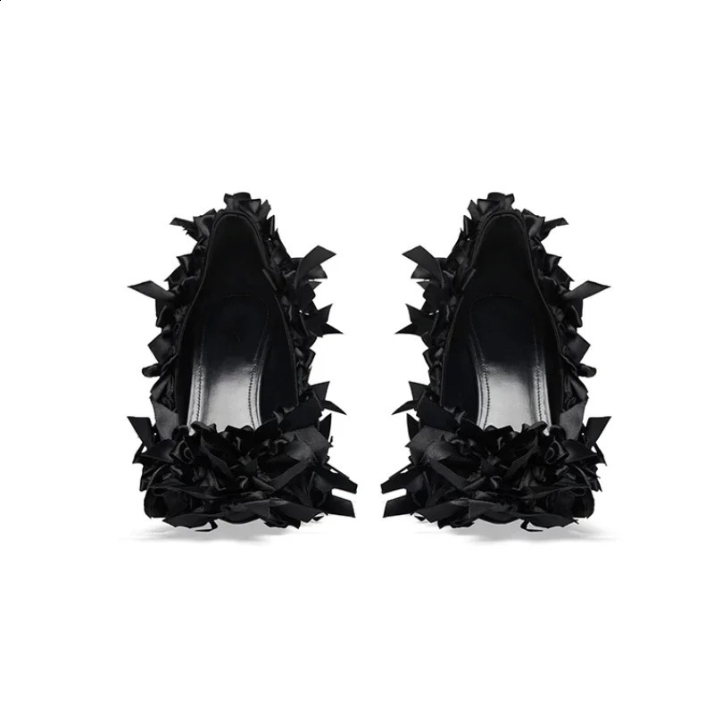 European and American runway style pleated lace high heeled single shoes womens pointed thin heels sexy French 240718