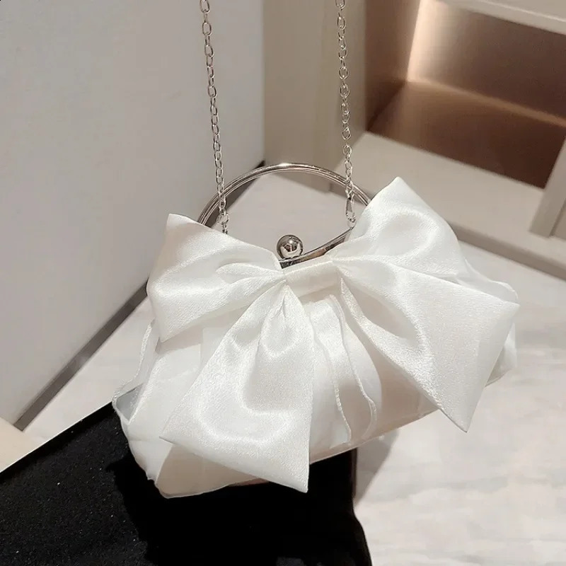 White Satin Bow Fairy Evening Bags Clutch Metal Handle Handbags for Women Wedding Party Bridal Clutches Purse Chain Shoulder Bag 240907Z