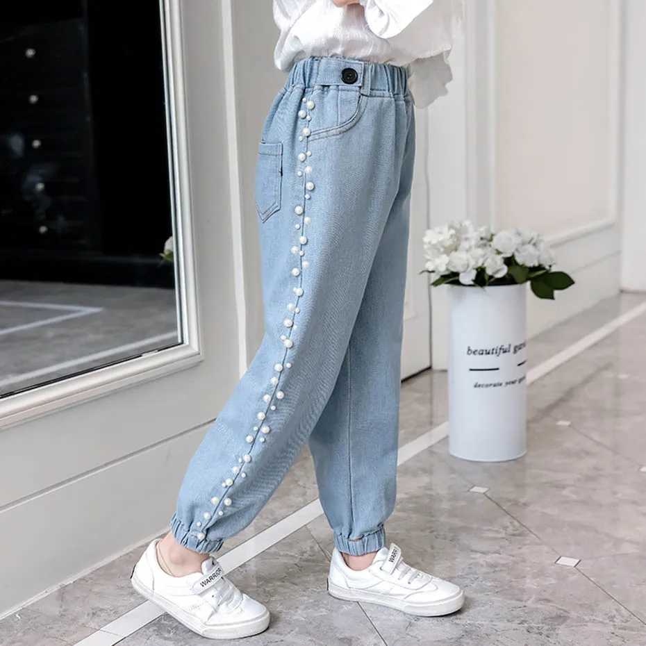 Jeans Jeans Girl Pearls Kids Jeans Girls Casual Style Kid Jeans Spring Autumn Childrens Clothes For Girls Denim Pants 6 8 10 12 Years