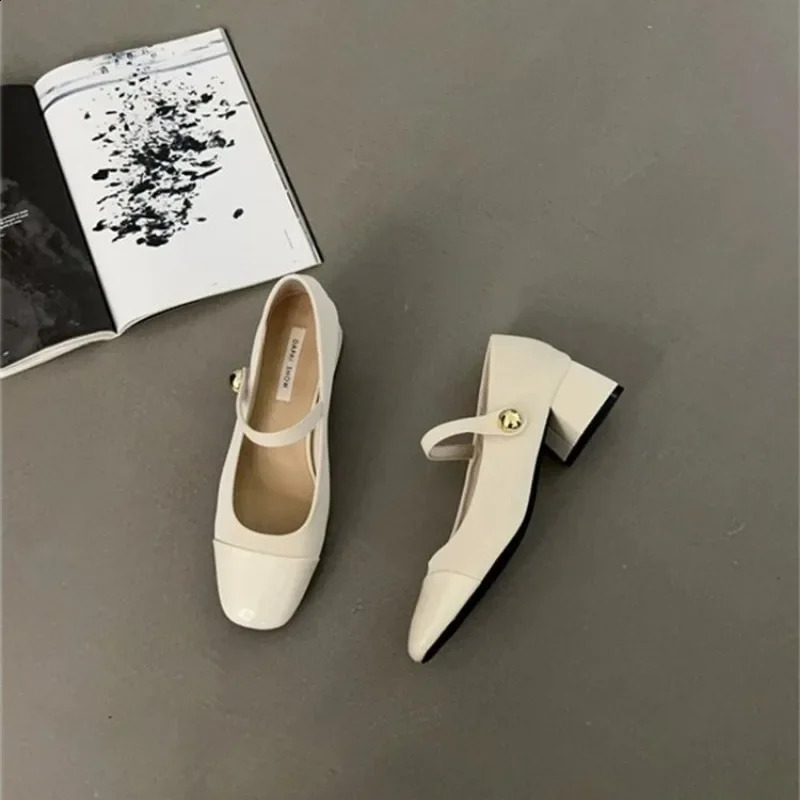 Thick Heel Mary Jane Single Shoes Womens Spring French Mid Evening Black Square Head Small Leather 240718