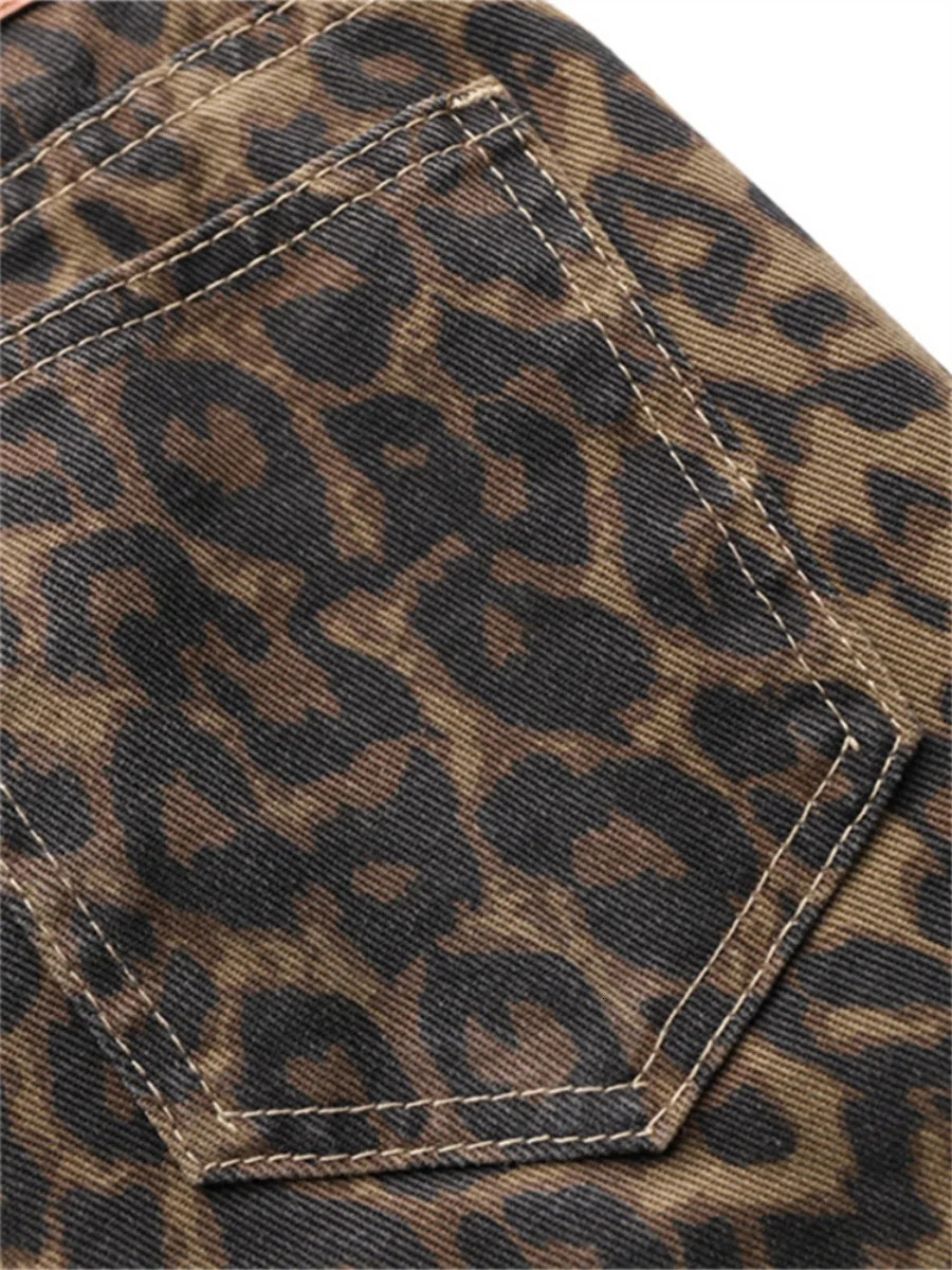 Leopard Print Jeans for Women High Waisted Y2k Retro Fashion Streetwear Denim Pants Hip Hop Straight Wide Leg Baggy Jeans 240717