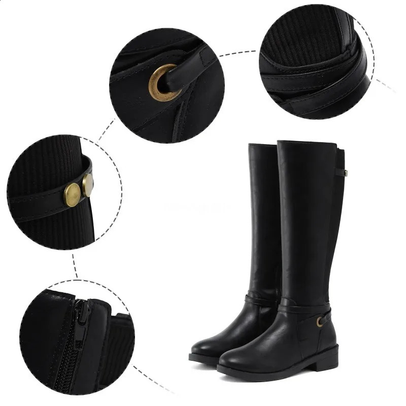 Womens Chunky Heel PU Leather Boots Long Booties Knee High for Ladies Autumn Winter Gothic Shoes Slouchy Woman Wide Calf 240718