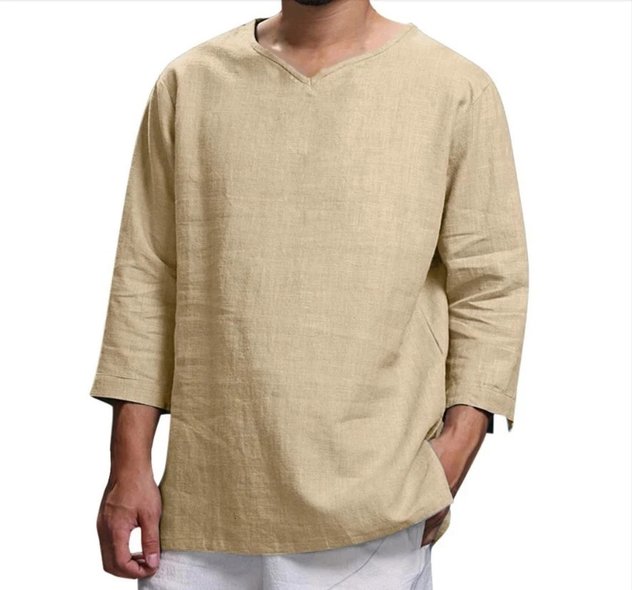Cotton Linen Mens Long-Sleeved Shirts Summer Solid Color Stand-Up Collar Casual Beach Style Plus Size Linen Man Tops 240717