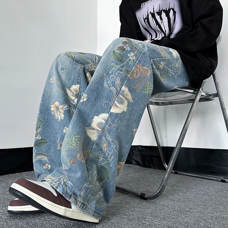 NOYMEI Mens Spring Trousers Wide Leg Pants Denim Trendy Simple Printing Straight Jean High Street All-match WA4104 240716