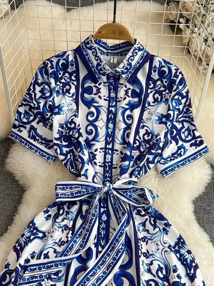 Summer Holiday Blue And White Porcelain Midi Shirt Dress Women Short Sleeve Single Breasted Lace Up Clothes Female Vestidos 240819
