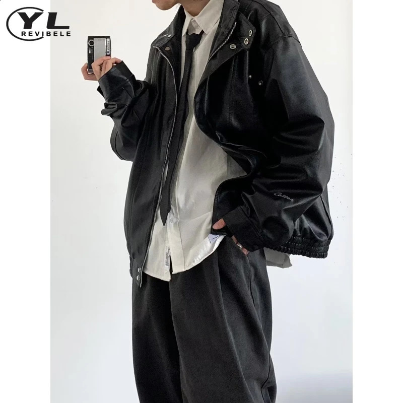 Street Stand Collar Pilot Jacket Men Vintage Pu Leather Motorcycle Jackets Loose Windbreak Coats Woman Oversized Bomber Outwear 240722
