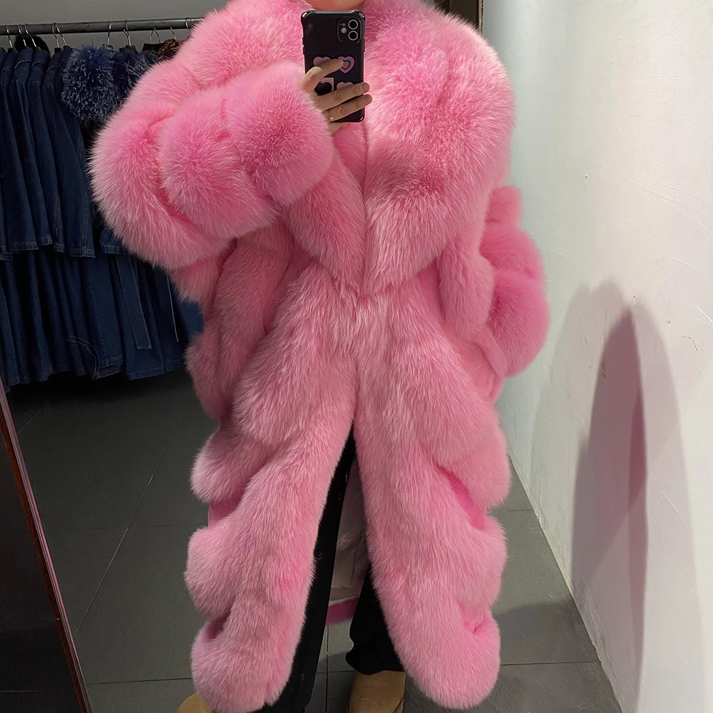 YOLOAgain Womens Long Real Fox Fur Jacket Black Fox Fur Coat Winter Warm Outerwear 240716