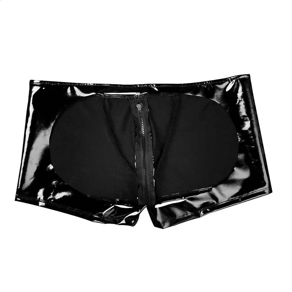 Open Butt Club Panites Man Faxu Leather Hollow Out Boxer Trunks Sexy Zip Pouch Underpants Eortic Lingerie Gay Men PVC Shorts 240711