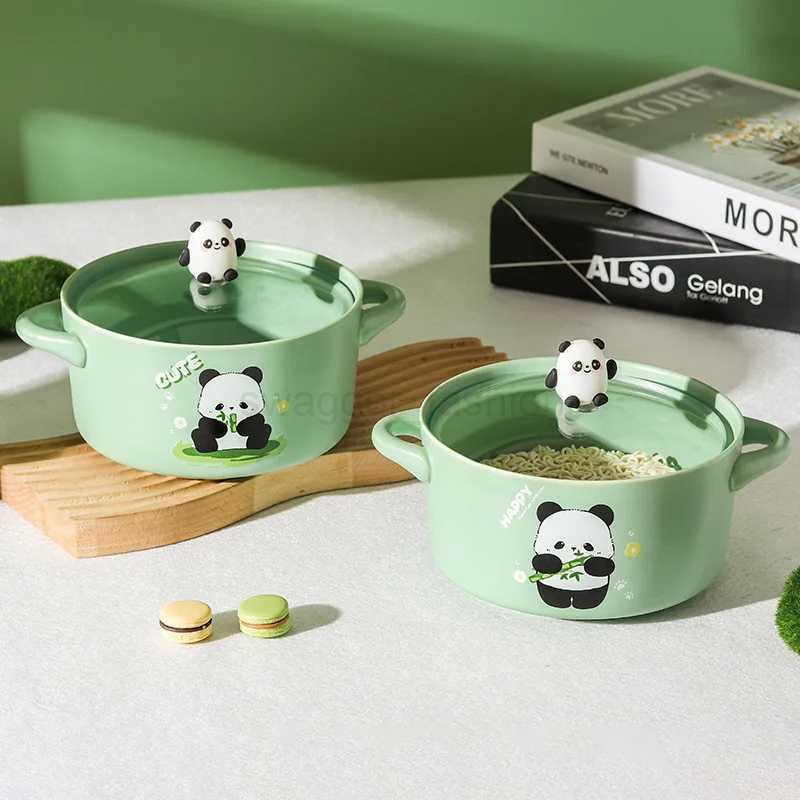 Panda Ceramic Bowl 800ml Covered Lamian Noodles Bowl Lovely Panda Instant Noodle Bowl Covered Double Ear Rice Bowl Soup Bowl SetB270723