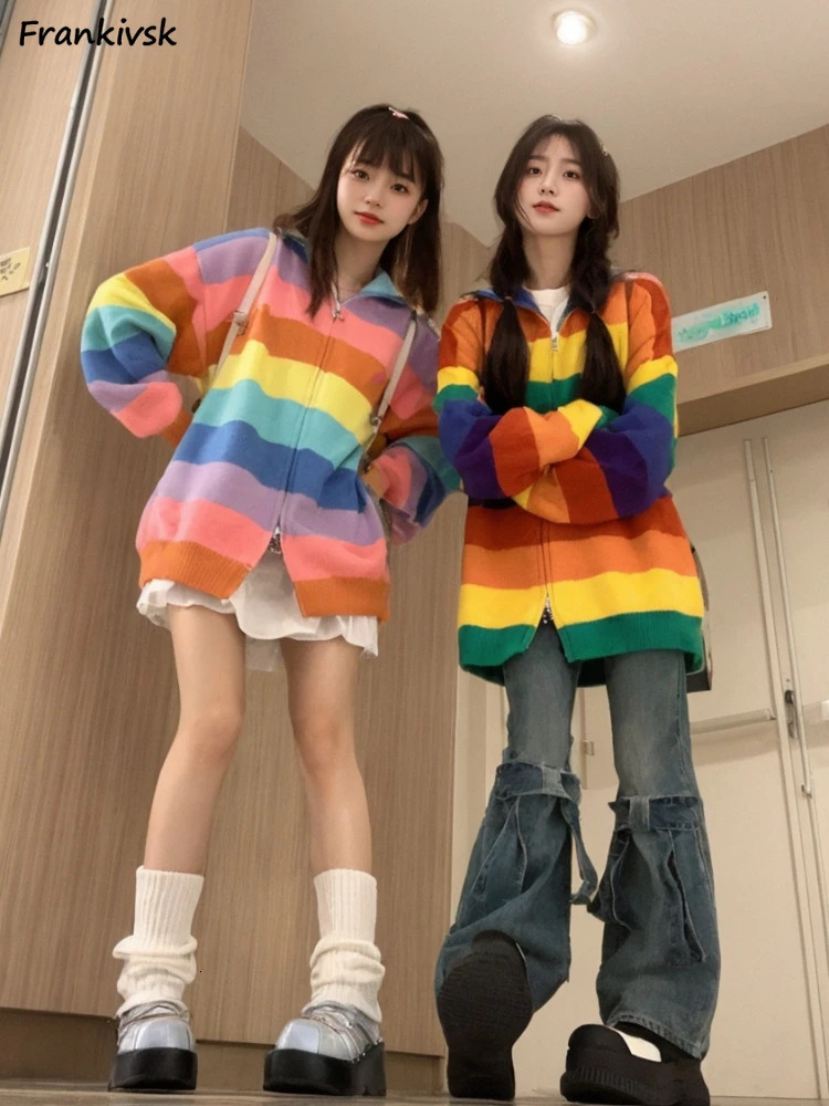 Colorful Cardigan Women Autumn Baggy Stand Collar American Style sweet Schoolgirl Daily Versatile Fashion Comfortable Chic 240717