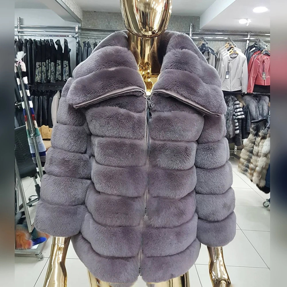 Fashion Real Fur Coat 100% Genuine Natural Rex Rabbit Fur Coat With Lapel Collar Striped High Quality Warm Overcoats 240716