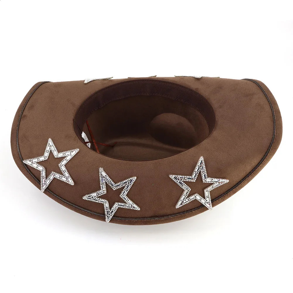 Suede Top Hat Fascinator Roll Brim Jazz Fedora Hat Men Women Rhinestone Five-Pointed Star Western Pink Cowboy Hat Cowgirl Cap 240717
