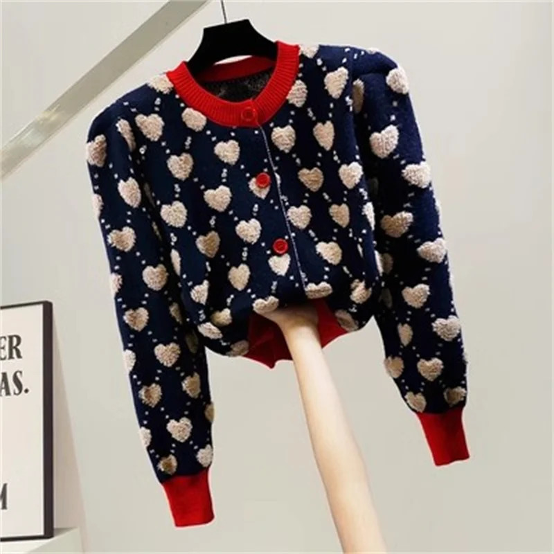 Embroidery Sweater Autumn Winter Heavy Industry Nail Bead Love Jacquard Color Block Bubble Sleeve Sweater for Womens Cardigan 240717
