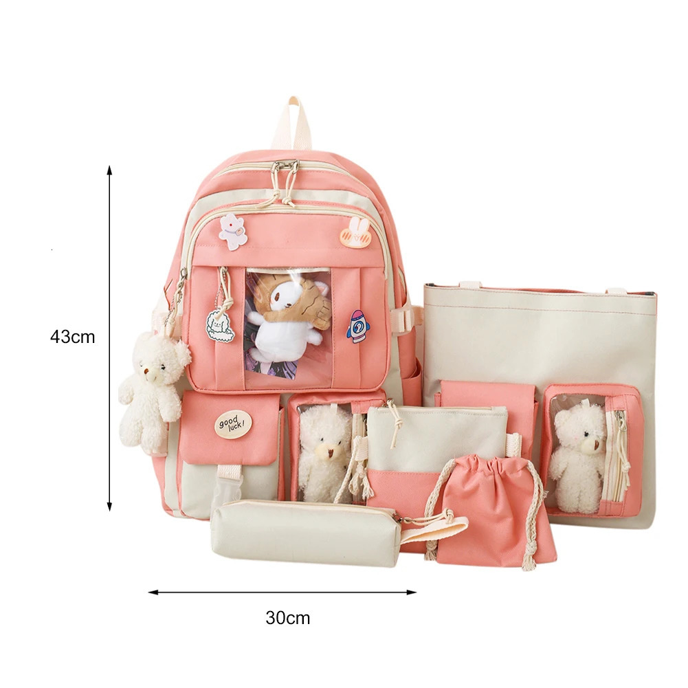 5 Pcs Set Kawaii For Student School Bag Teenager Girls Schoolbag Book Bags Pencil Case Women Travel Backpack Tote 240712